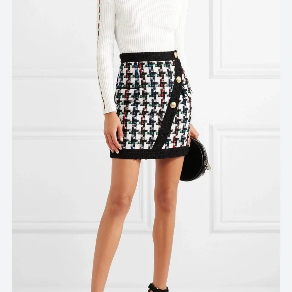 New Balmain Button Embellished Houndstooth Tweed Mini Skirt Size 40